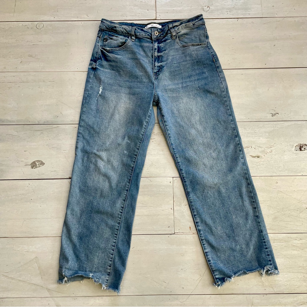 Kancan Violet High Rise Slim Wide Leg Women's Jeans Frayed Ankle Med Wash Sz 11